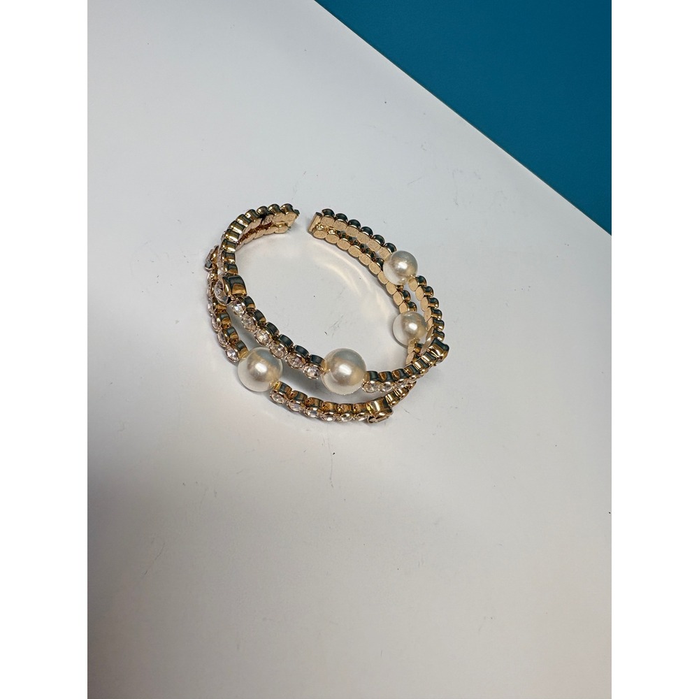 Gold Tone‎ Crystal Faux Pearl Double Row Stretch Cuff Bracelet Glamour Wedding